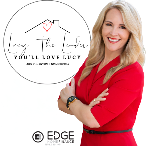 The Lucy the Lender badge: a circular seal with the house-and-heart logo and a portrait of Lucy Thornton in a red dress